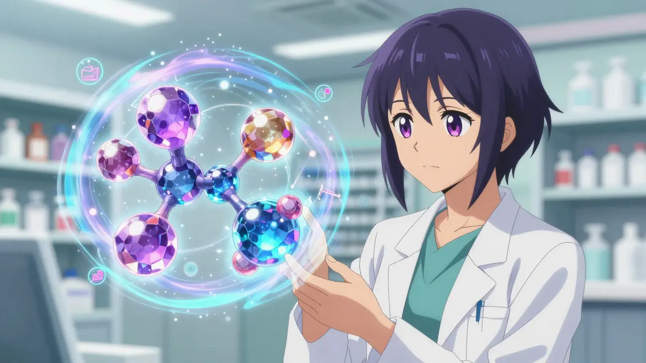 Anime pharmacist examining two shimmering, crystal-like biologic molecules