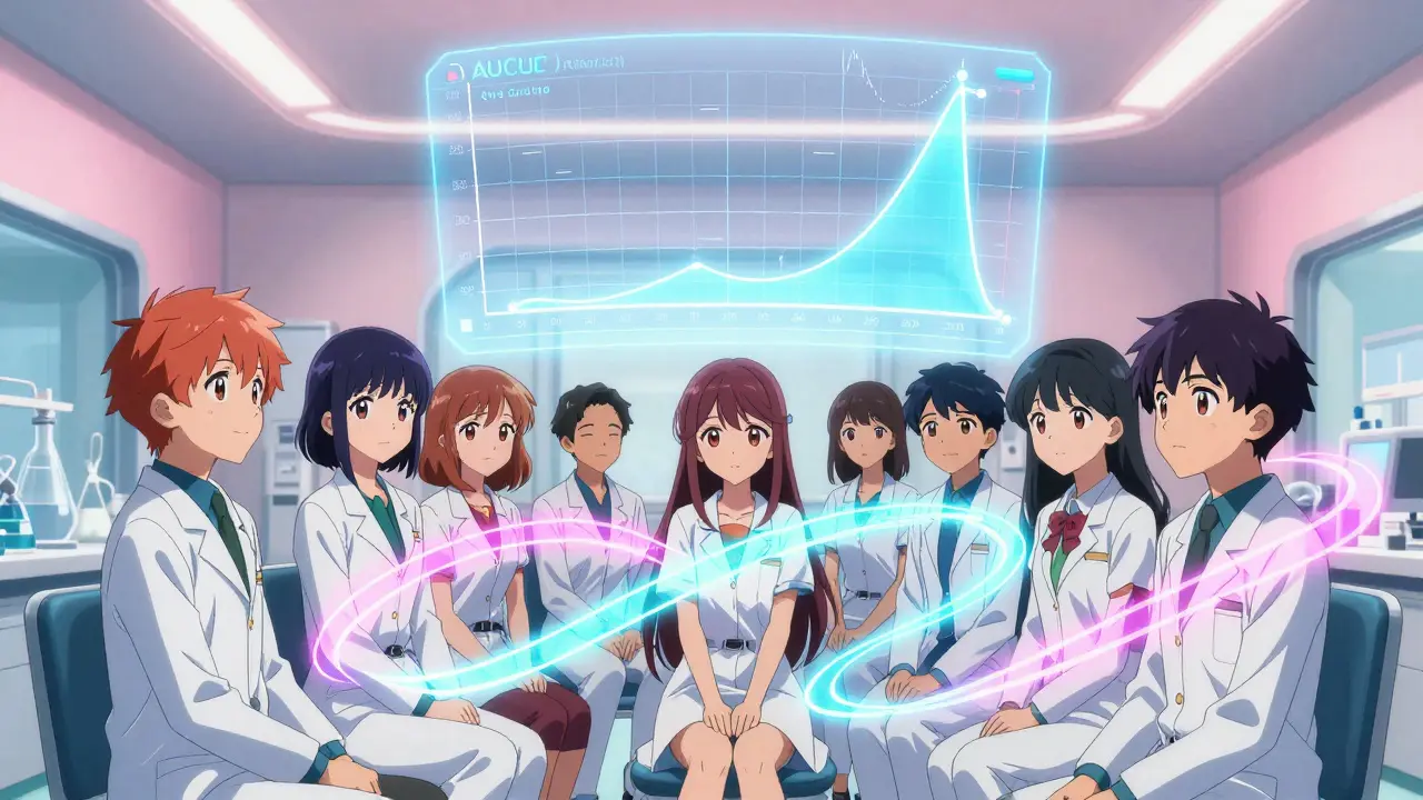 Anime volunteers in a clinic with holographic drug absorption graphs.