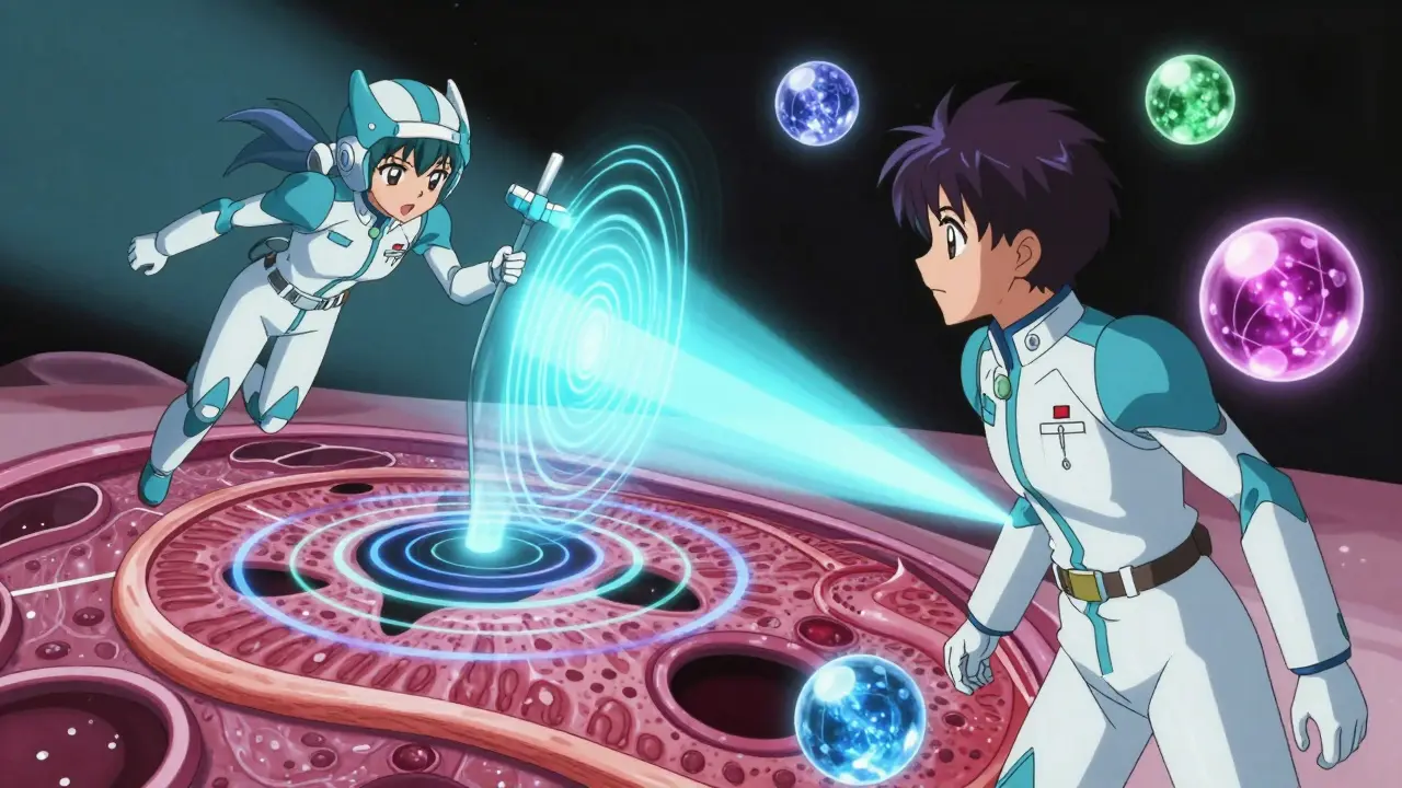 Characters use magic sonar waves to scan biological tissues for issues.