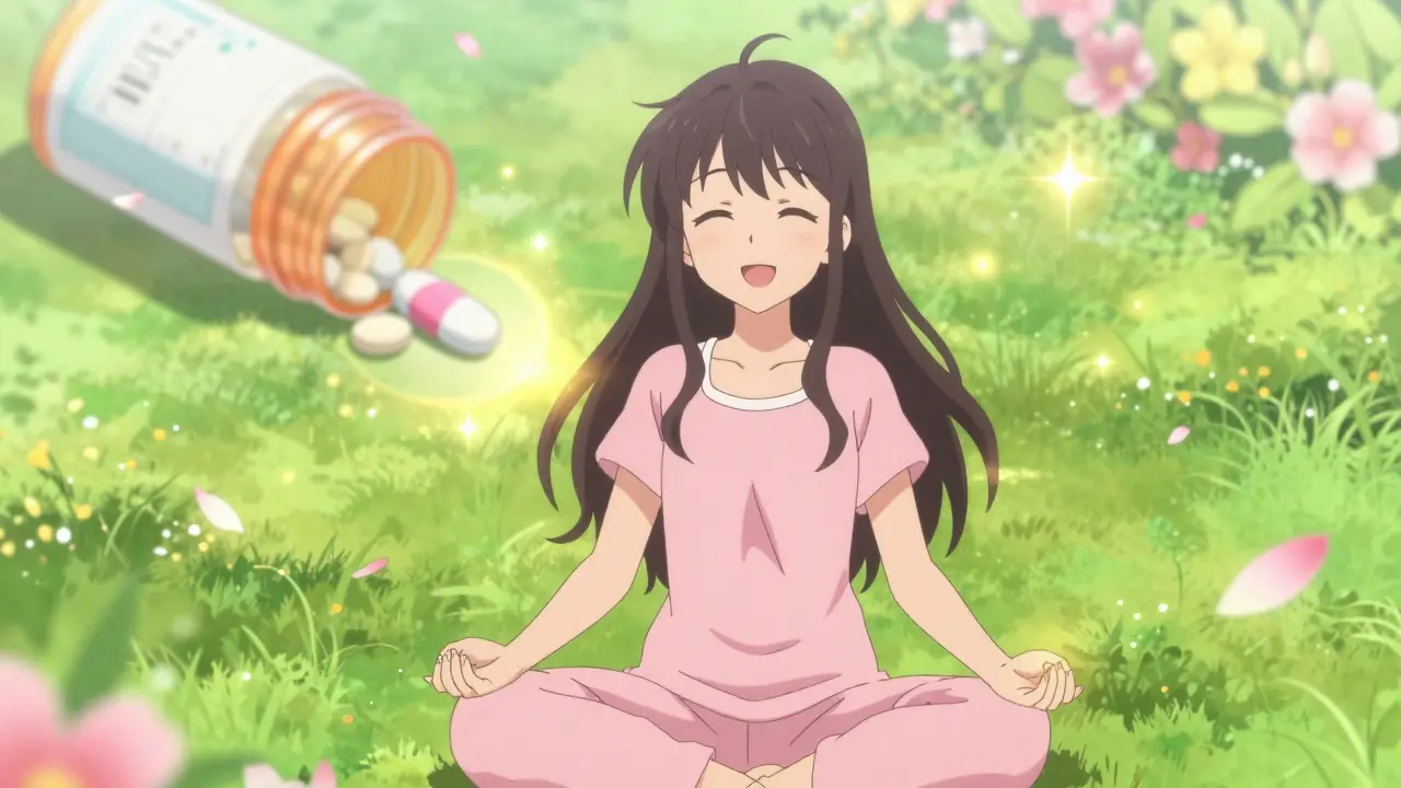 Cheerful anime character practicing mindfulness in a bright, sparkling garden.