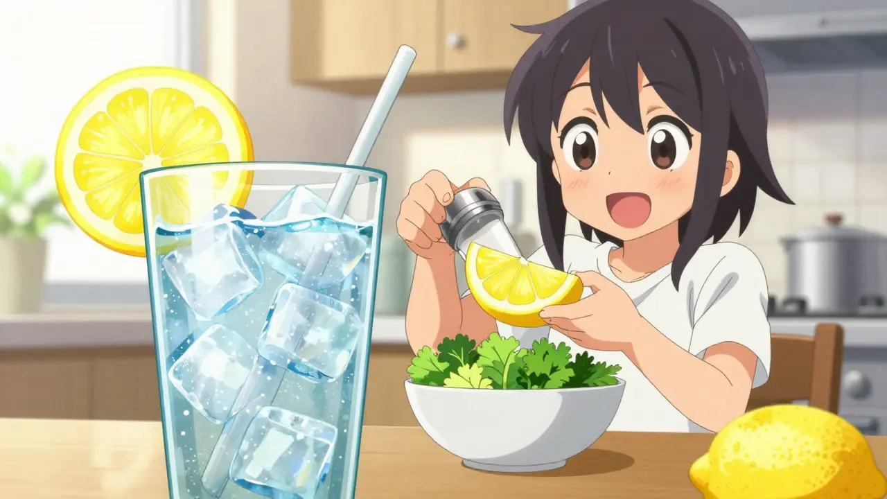 Cheerful anime character using lemon and herbs instead of salt and drinking water.