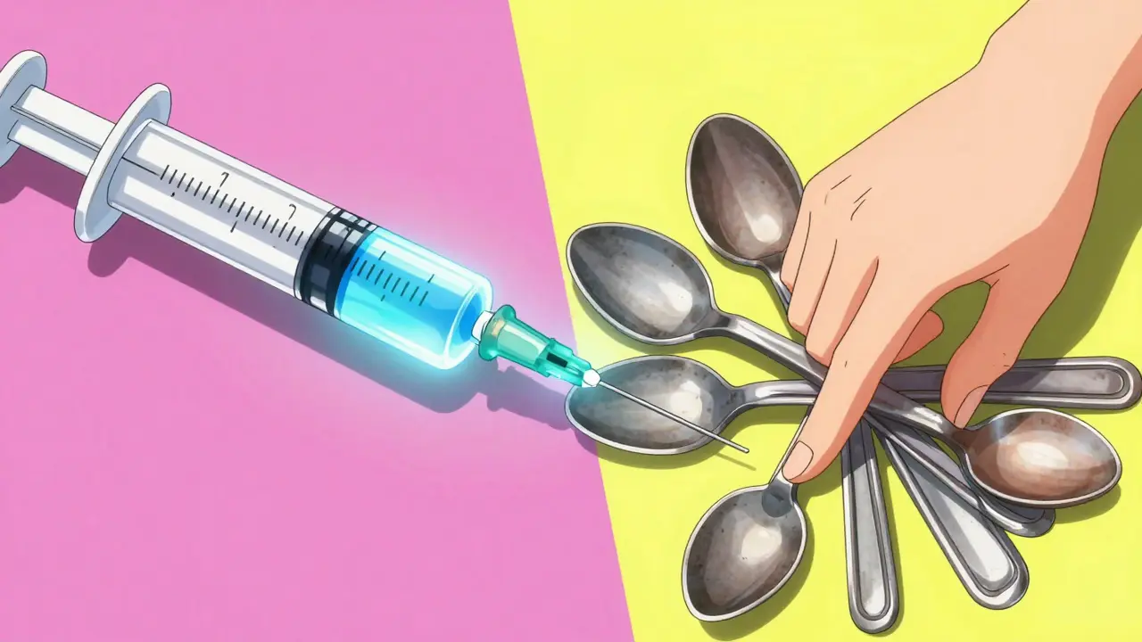 Comparison of a medical dosing syringe and household spoons in anime style