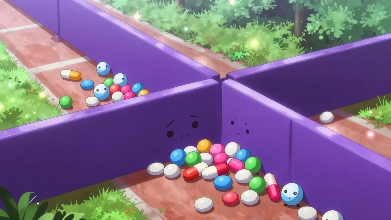 Conceptual anime scene of personified medicine particles blocked by a magical barrier.
