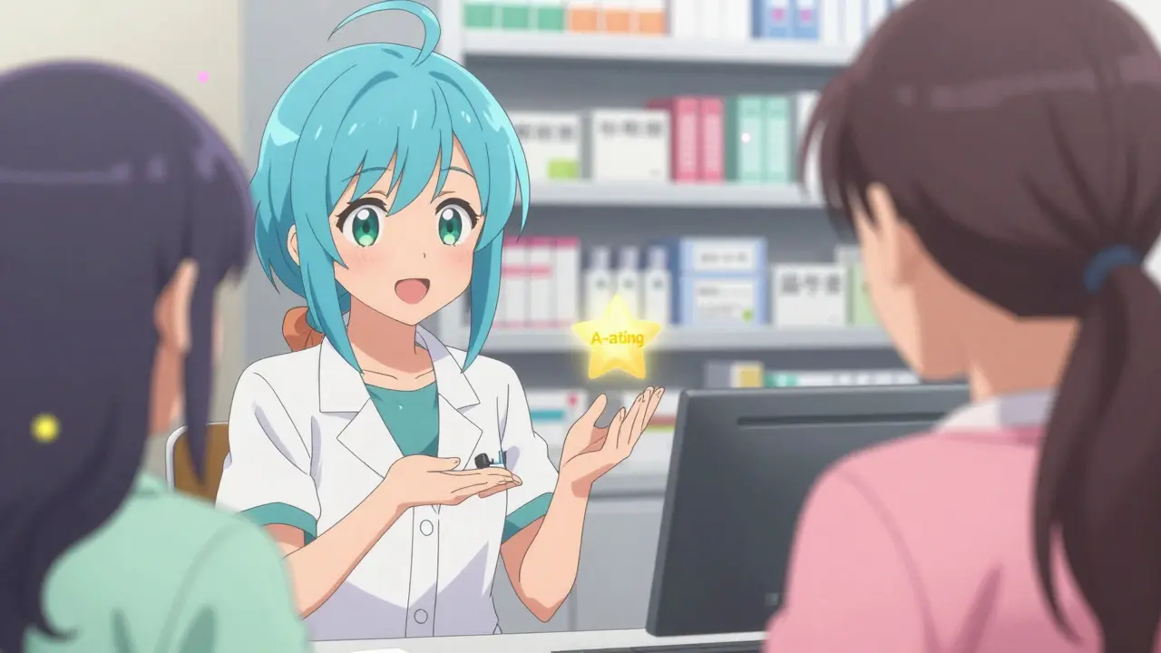 Cute anime pharmacist explaining drug substitution to a patient with a sparkling star