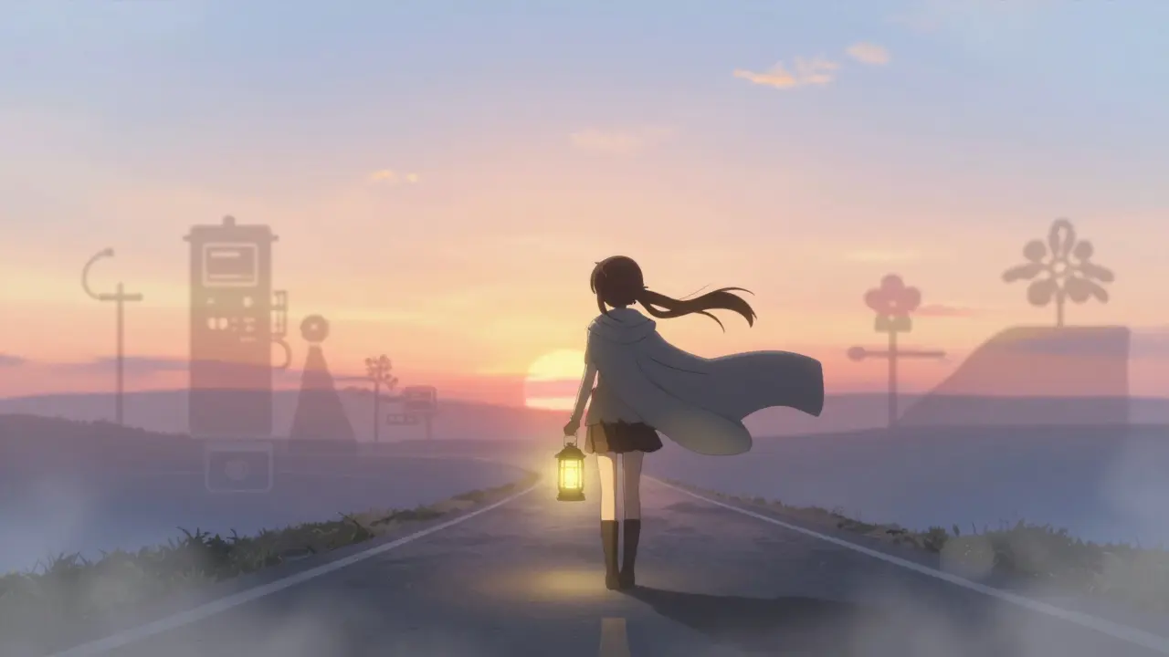 Guardian looks toward sunrise with a glowing lantern on a long path.