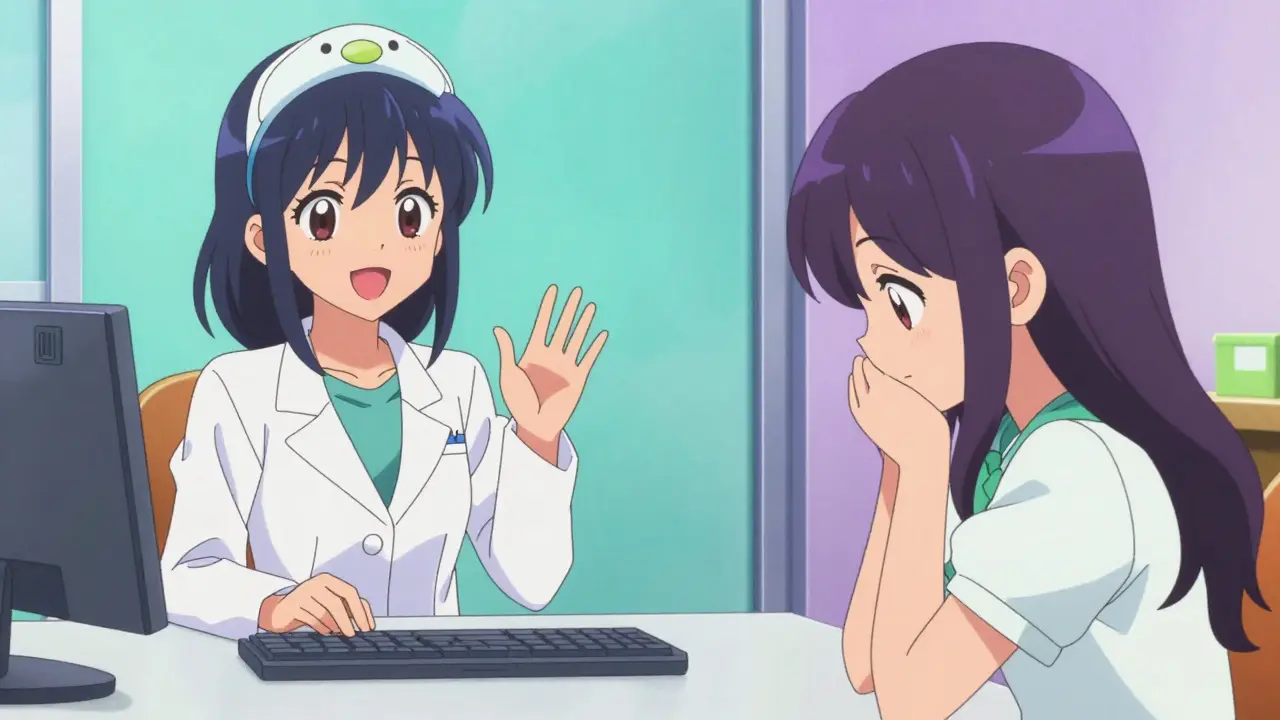 PreCure style split-screen showing a friendly doctor on a video call with a patient.