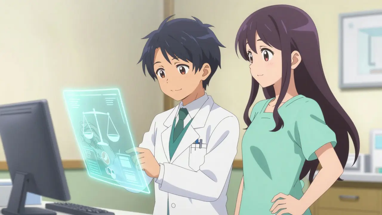 Protagonist and doctor reviewing a glowing balance chart in a magical anime clinic.