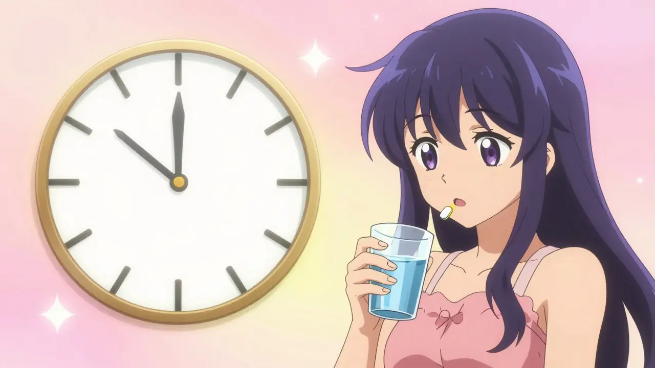 Split-screen anime scene showing a clock and a person taking medication