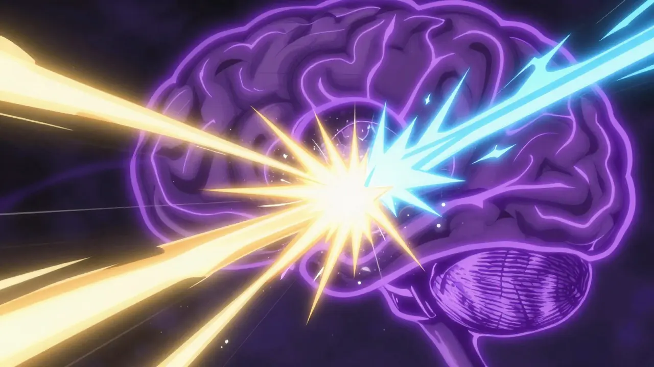 Two magical energy beams of gold and blue merging into a wave of indigo sleep.